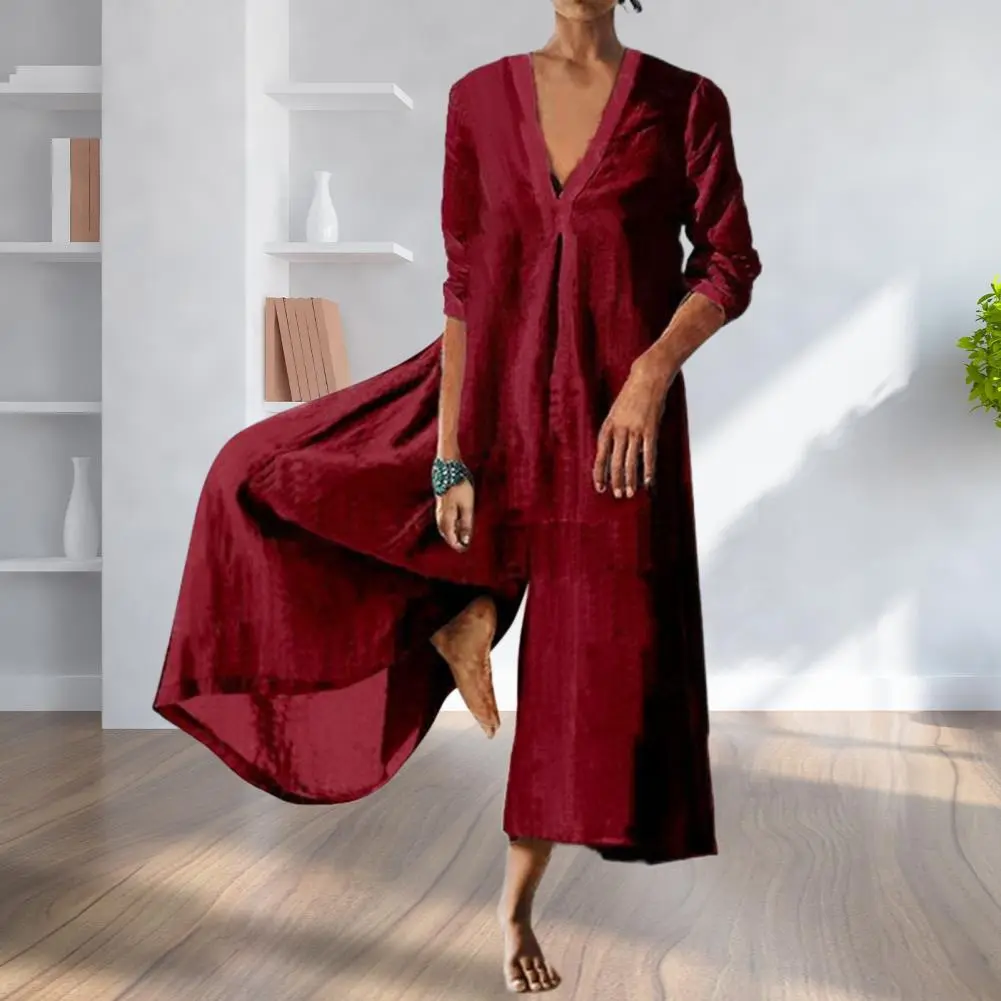 Vintage Ruched Solid Cotton Linen Jumpsuit Women 2023 Spring Elegant Wide Leg Overalls Pants Summer Long Sleeve Loose Rompers