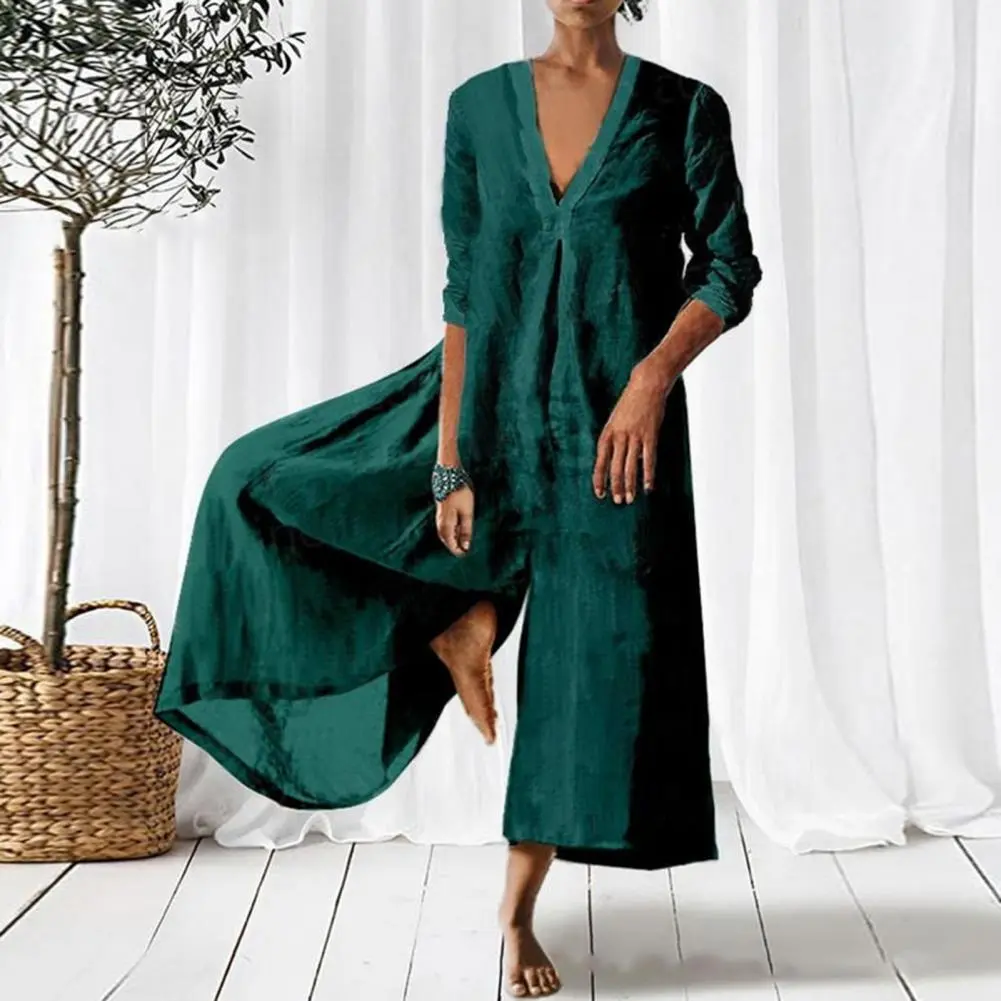 Vintage Ruched Solid Cotton Linen Jumpsuit Women 2023 Spring Elegant Wide Leg Overalls Pants Summer Long Sleeve Loose Rompers