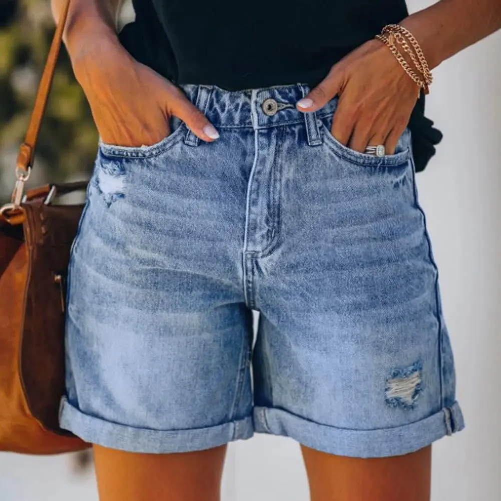 Women's Split Denim Shorts Summer Beach Wild Fashion Sexy Mid Waist Curled Cuff Perforated Elastic Slim Fit Casual Shorts