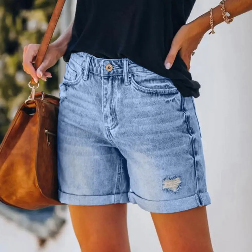 Women's Split Denim Shorts Summer Beach Wild Fashion Sexy Mid Waist Curled Cuff Perforated Elastic Slim Fit Casual Shorts