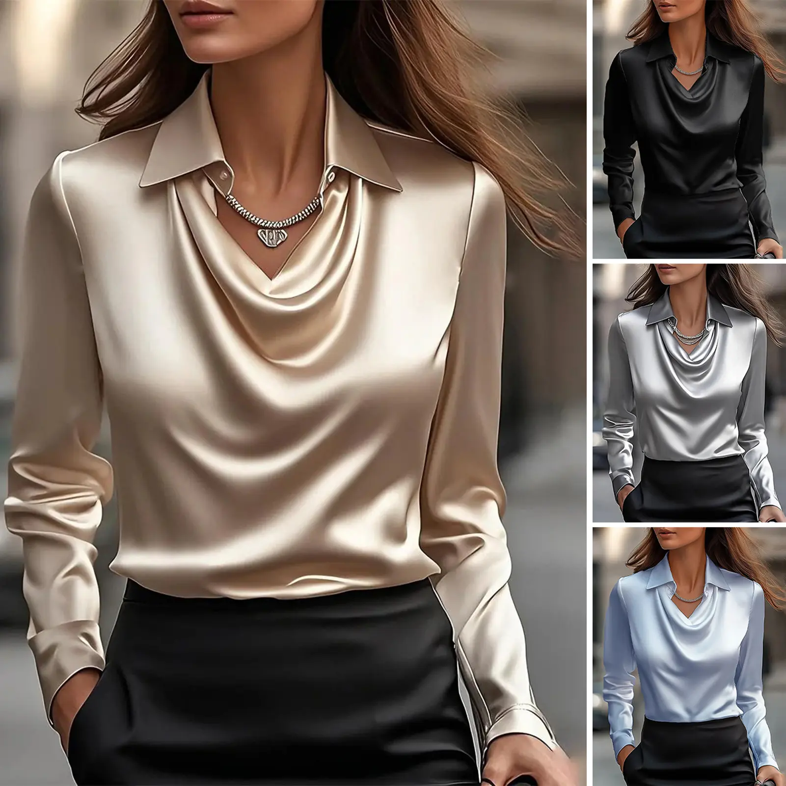 Summer Elegant Women's Blouse New V-neck Long Sleeve Solid Color Loose Shirt Casual White Tops Office Lady Blouses