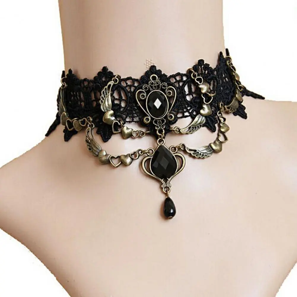 Vintage Classic Gothic Tattoo Lace Choker and Bracelet For Women Black Crystal Pendant Charm Choker Necklaces Boho Jewelry