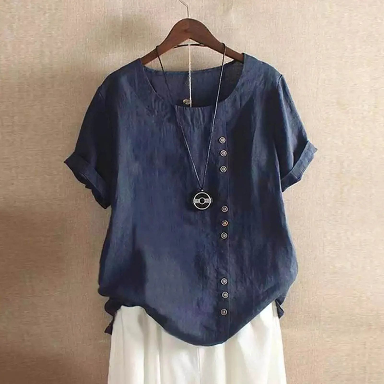 2023 Summer Casual Linen Cotton Blouse Women Elegant Button Short Sleeve Shirt Plus Size Tanic Boho Tops and Blouses Streetwear