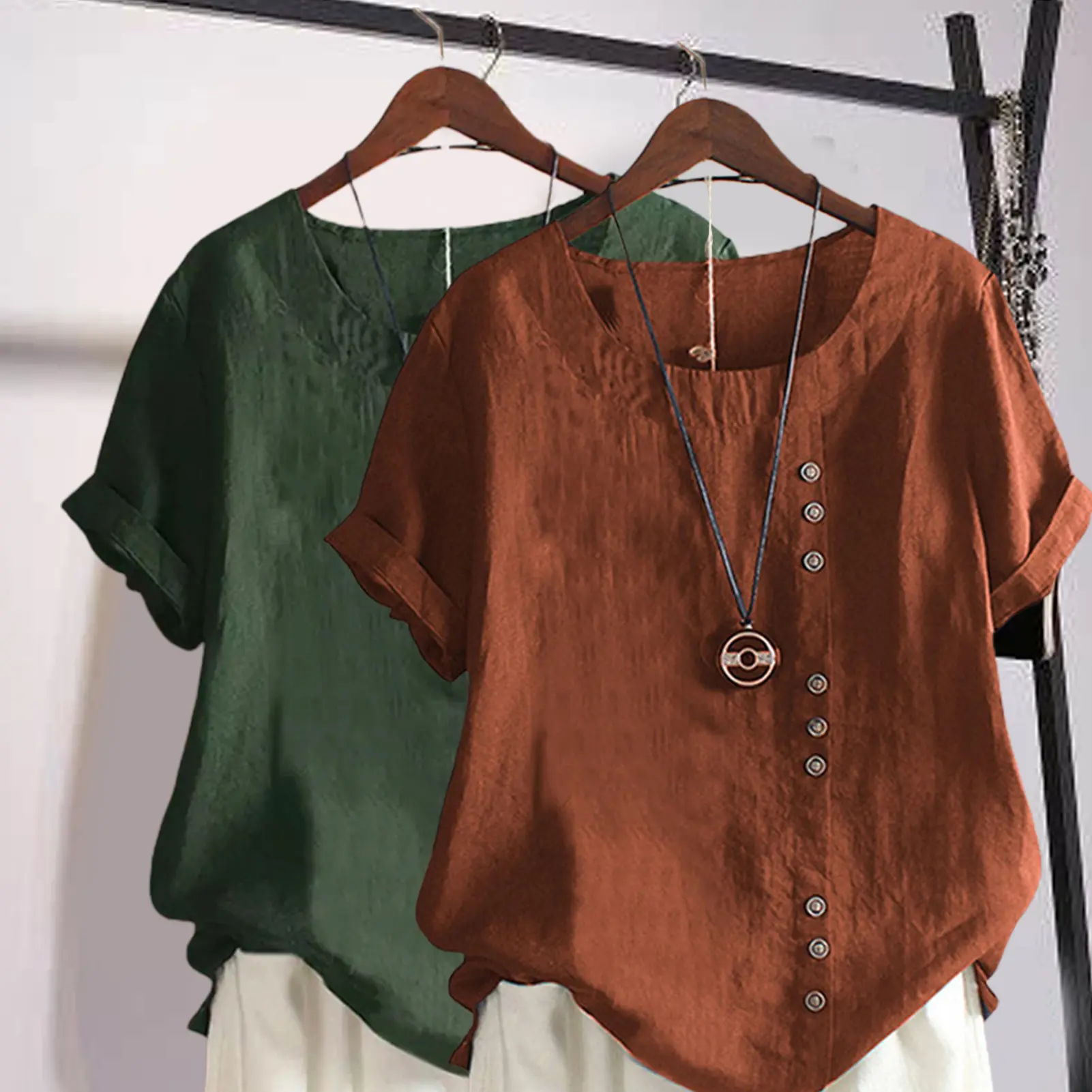 2023 Summer Casual Linen Cotton Blouse Women Elegant Button Short Sleeve Shirt Plus Size Tanic Boho Tops and Blouses Streetwear