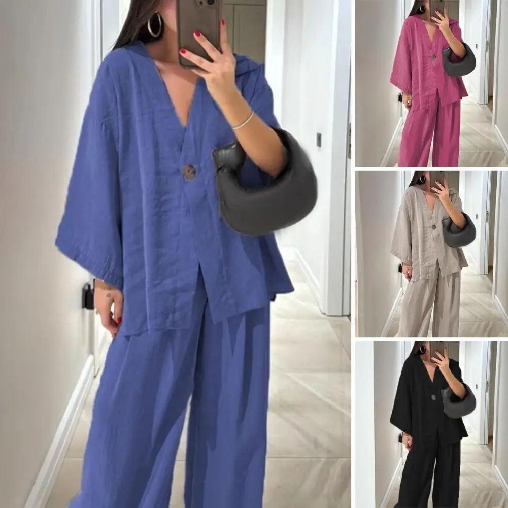 Casual Cotton Linen Pants Sets Women Loose V-neck One Button Shirt High Waist Wide Leg Pant 2025 Spring Summer Lady Suit