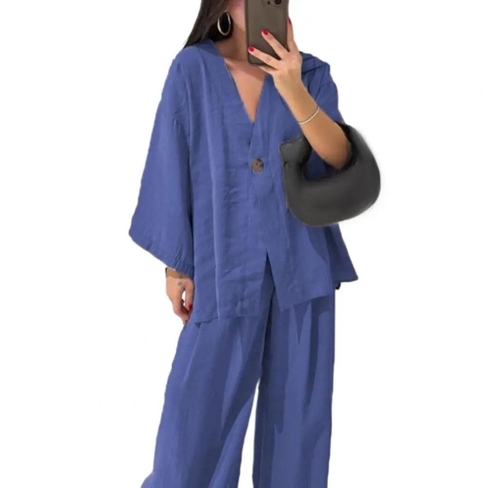Casual Cotton Linen Pants Sets Women Loose V-neck One Button Shirt High Waist Wide Leg Pant 2025 Spring Summer Lady Suit