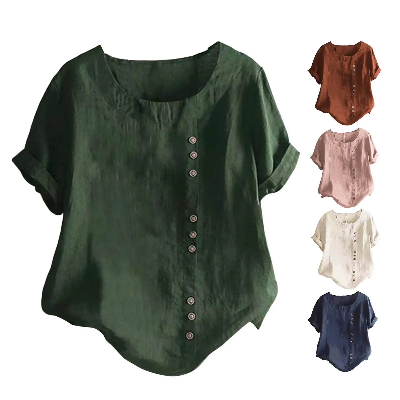 2023 Summer Casual Linen Cotton Blouse Women Elegant Button Short Sleeve Shirt Plus Size Tanic Boho Tops and Blouses Streetwear