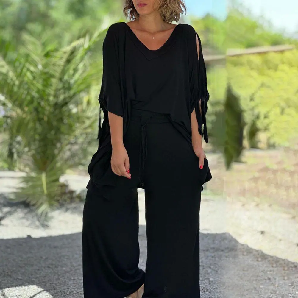 Casual Chic Solid 2 Piece Women Set Fashion 2025 Spring Summer Half Sleeve Off Shoulder Blouse With Pants Suit