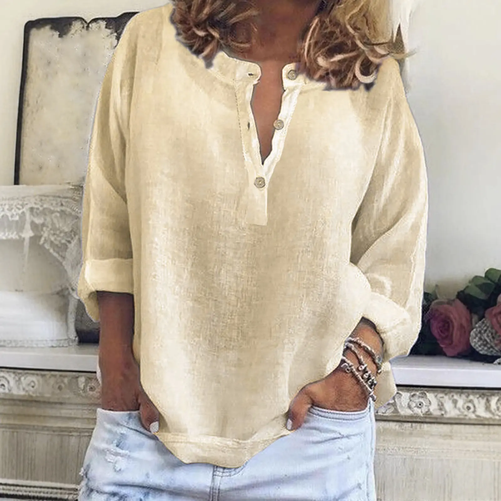 Elegant Cotton Linen Shirts Women Casual Solid Button Blouses Shirts Autumn Winter Long Sleeve Loose Tops Tunic Blusas