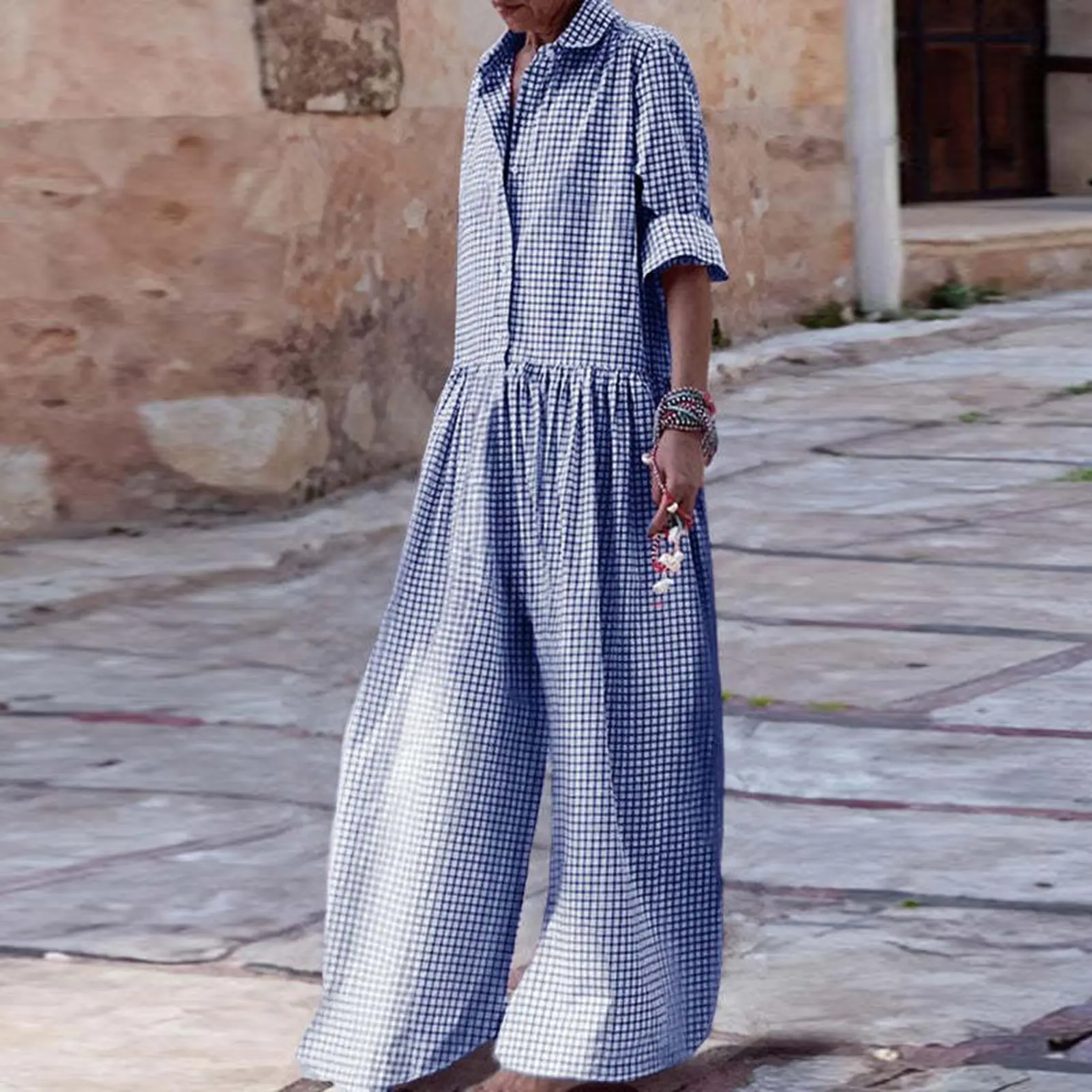 2023 Simple Casual Cotton And Linen Jumpsuit Women V Neck Button Mid Waist Striped Bodysuit Summer Female Holiday Beach Overalls