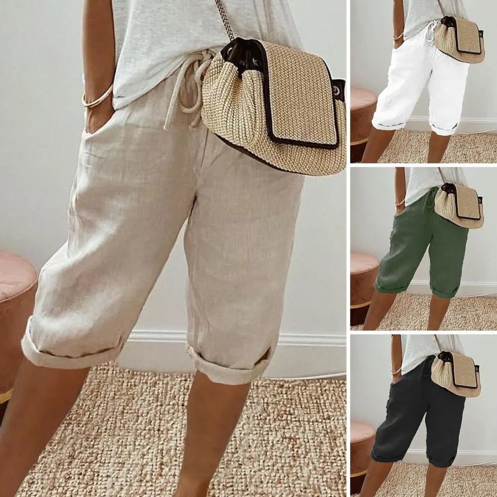 Elastic Waist Pants Vintage Style Breathable Knee-length Pants with Pockets for Women Elastic Waist Drawstring Trousers Solid