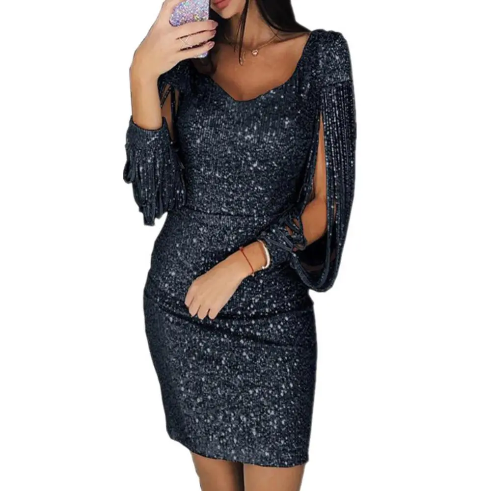 2024 New Silver Sequin Skinny Dress Women Sexy Tassel Sleeves V Neck Club Mini Dress Elegant Ladies Bodycon Pencil Party Vestido