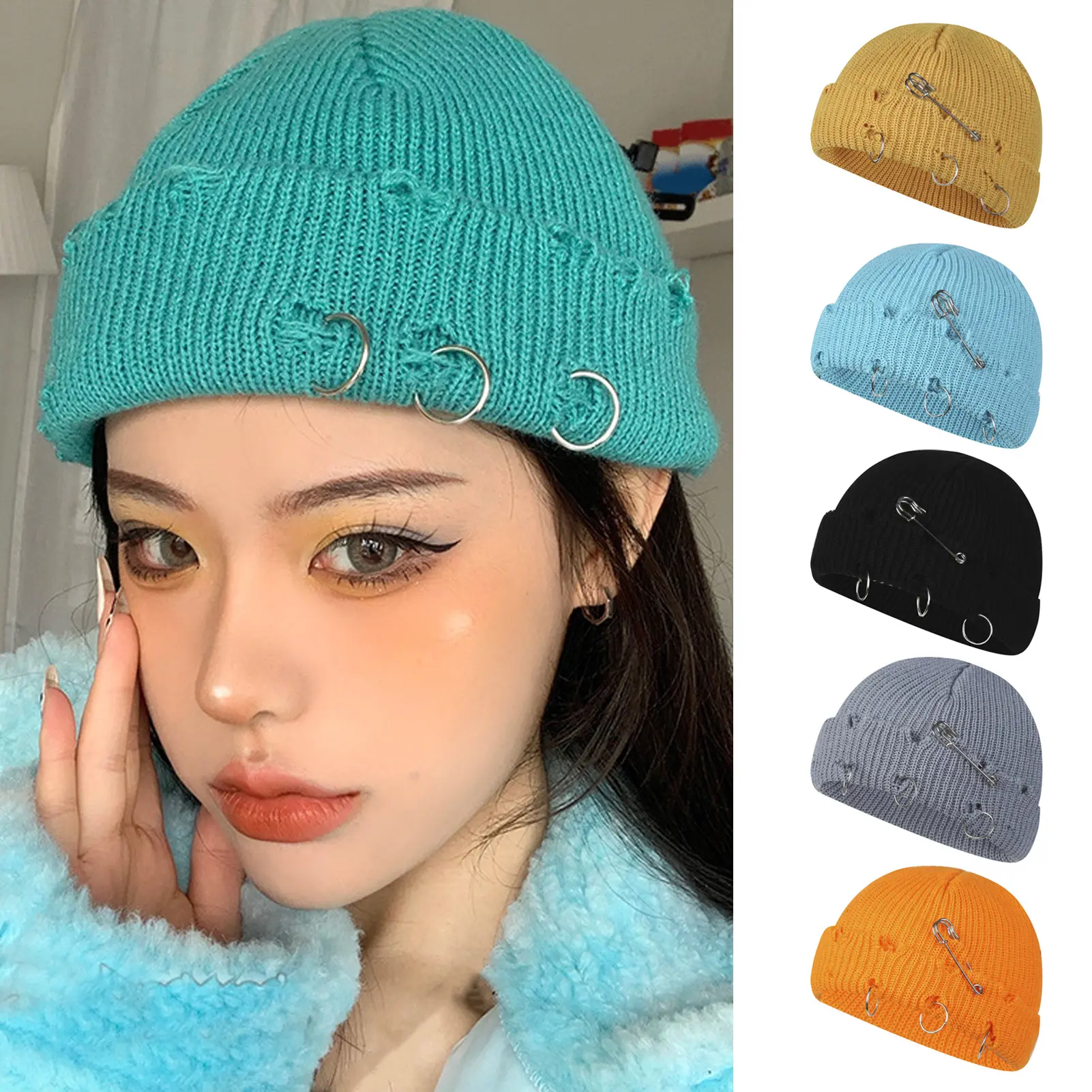 New Fashion Knitted Hat Punk Hip Hop Beanies for Men Women Metal Pin Ring Brimless Melon Cap Winter Warm Crochet Bonnet Gorras