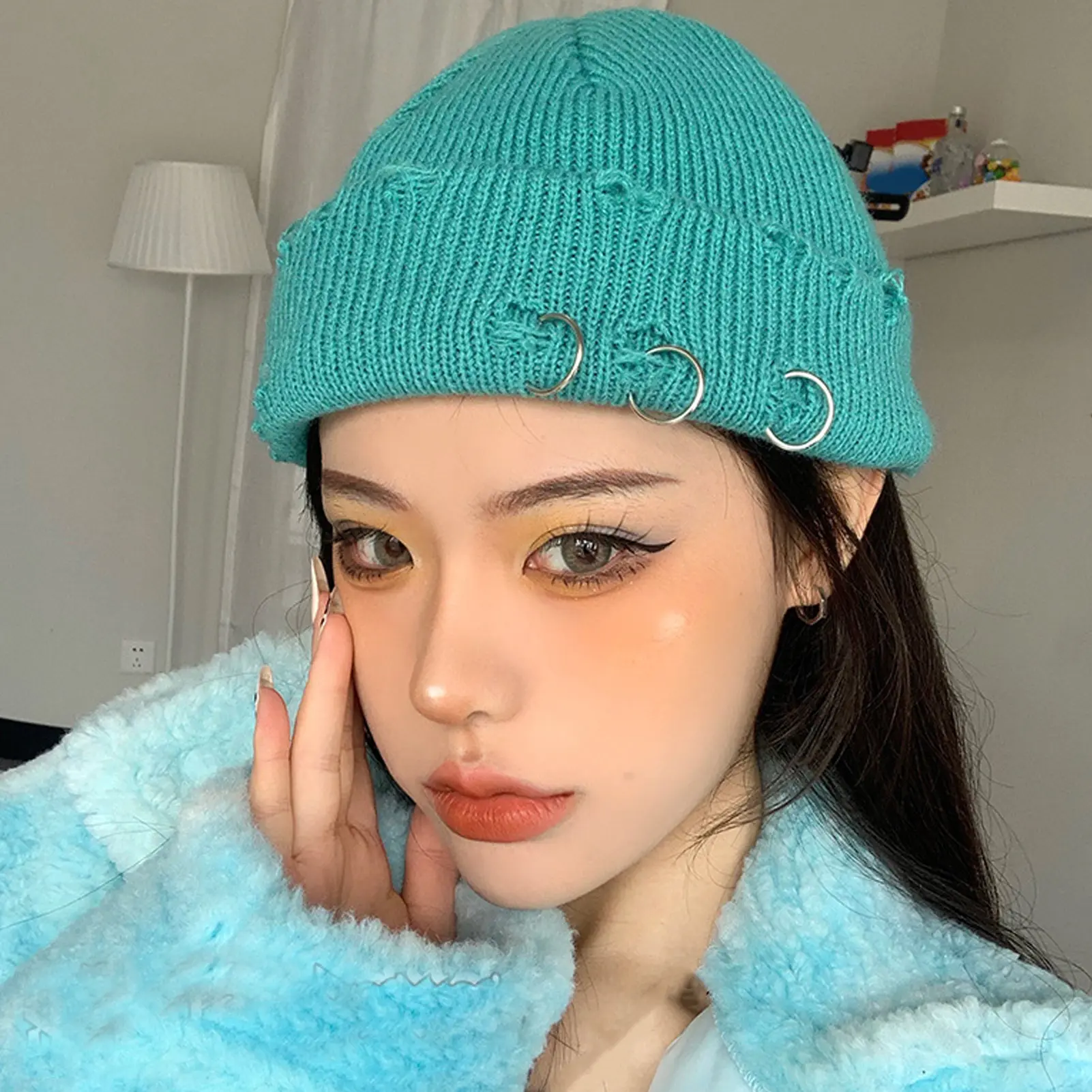 New Fashion Knitted Hat Punk Hip Hop Beanies for Men Women Metal Pin Ring Brimless Melon Cap Winter Warm Crochet Bonnet Gorras