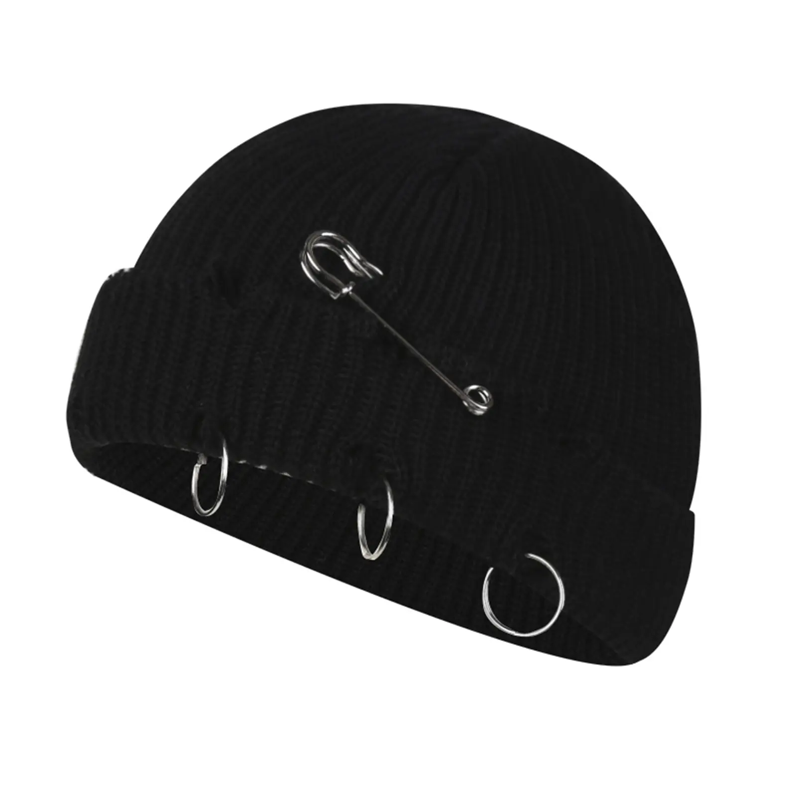 New Fashion Knitted Hat Punk Hip Hop Beanies for Men Women Metal Pin Ring Brimless Melon Cap Winter Warm Crochet Bonnet Gorras