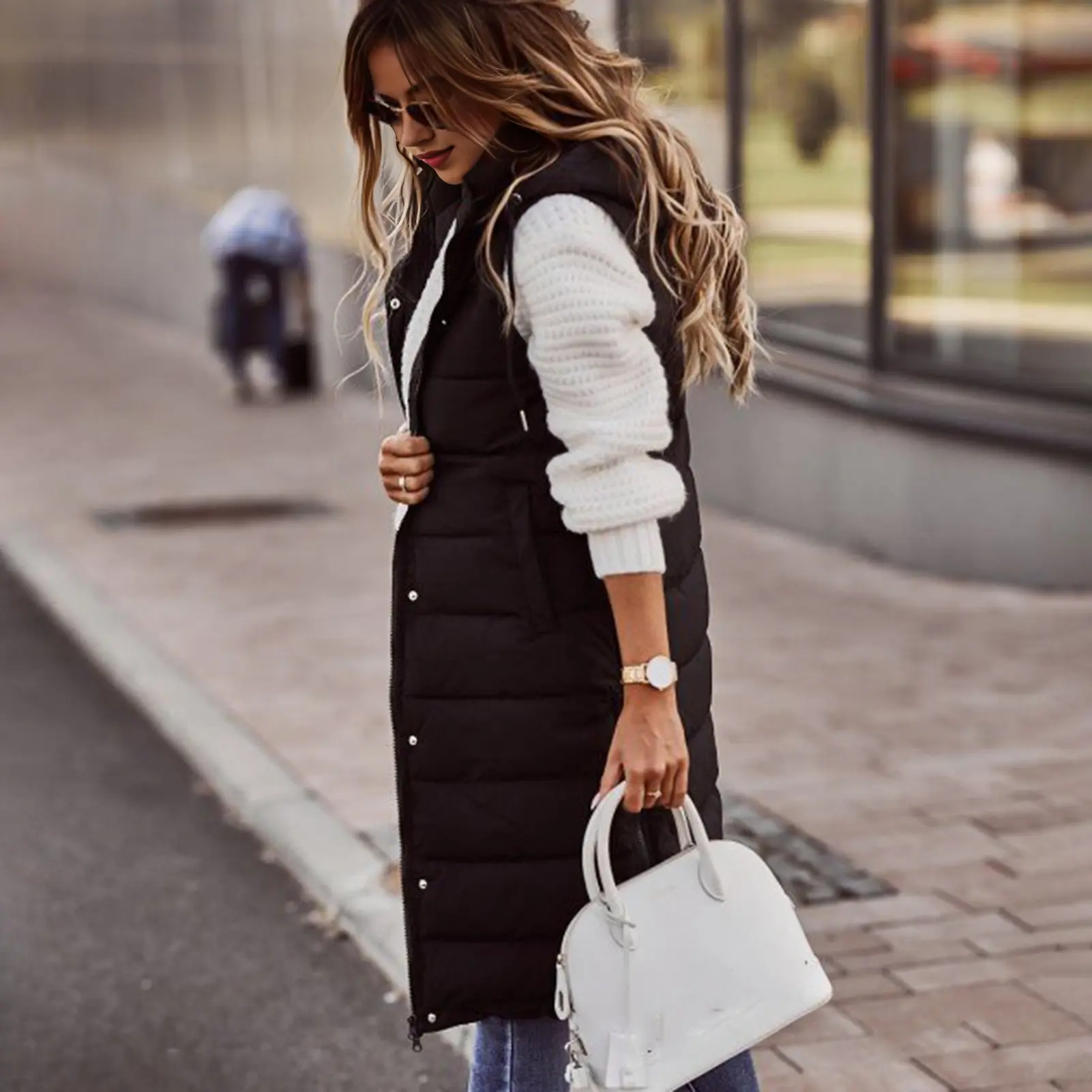 Women's Long Coat Vest With Hood Autumn Winter Sleeveless Warm Cotton Down Coat Waistcoat Quilted Vest Down Jacket Outwear 2XL
