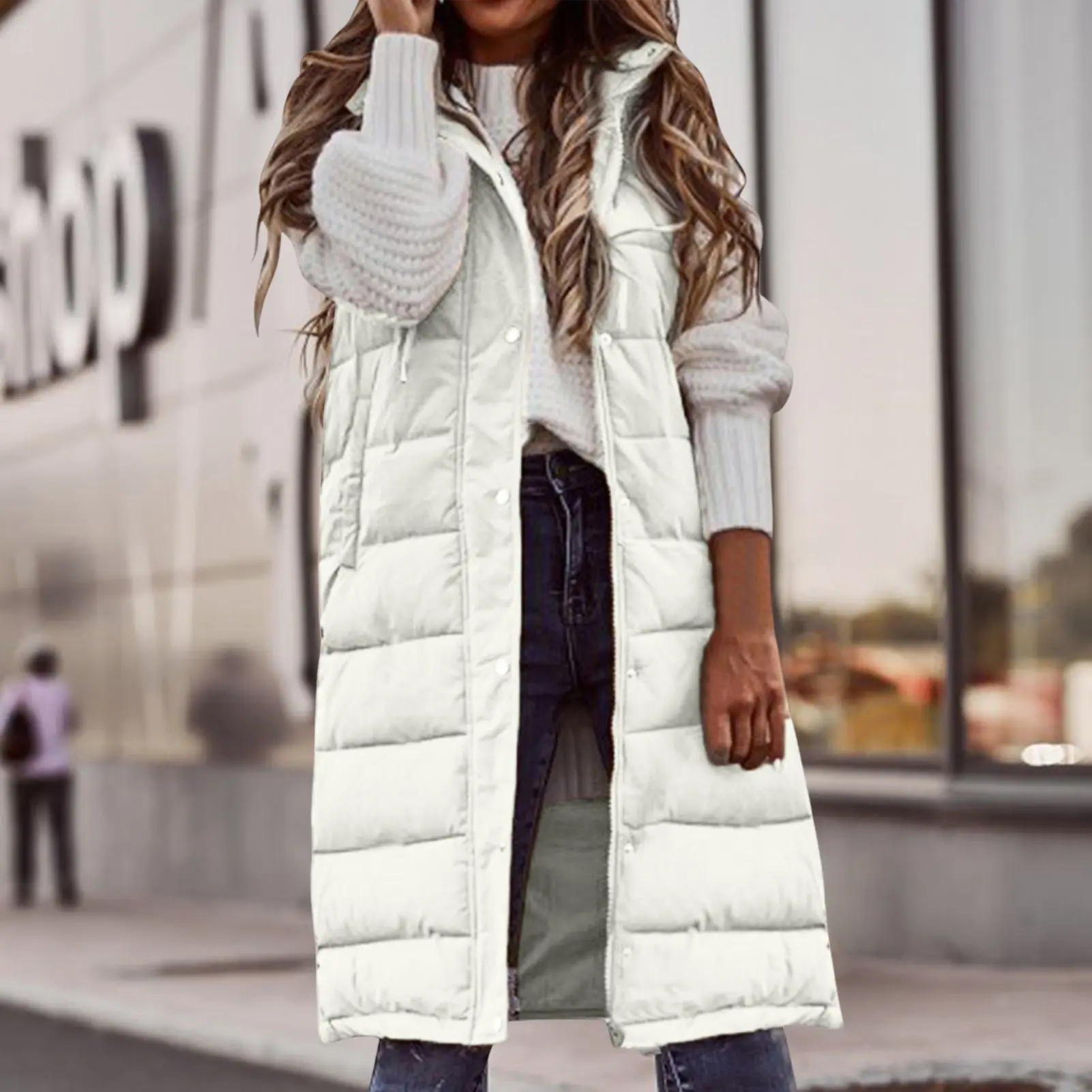 Women's Long Coat Vest With Hood Autumn Winter Sleeveless Warm Cotton Down Coat Waistcoat Quilted Vest Down Jacket Outwear 2XL