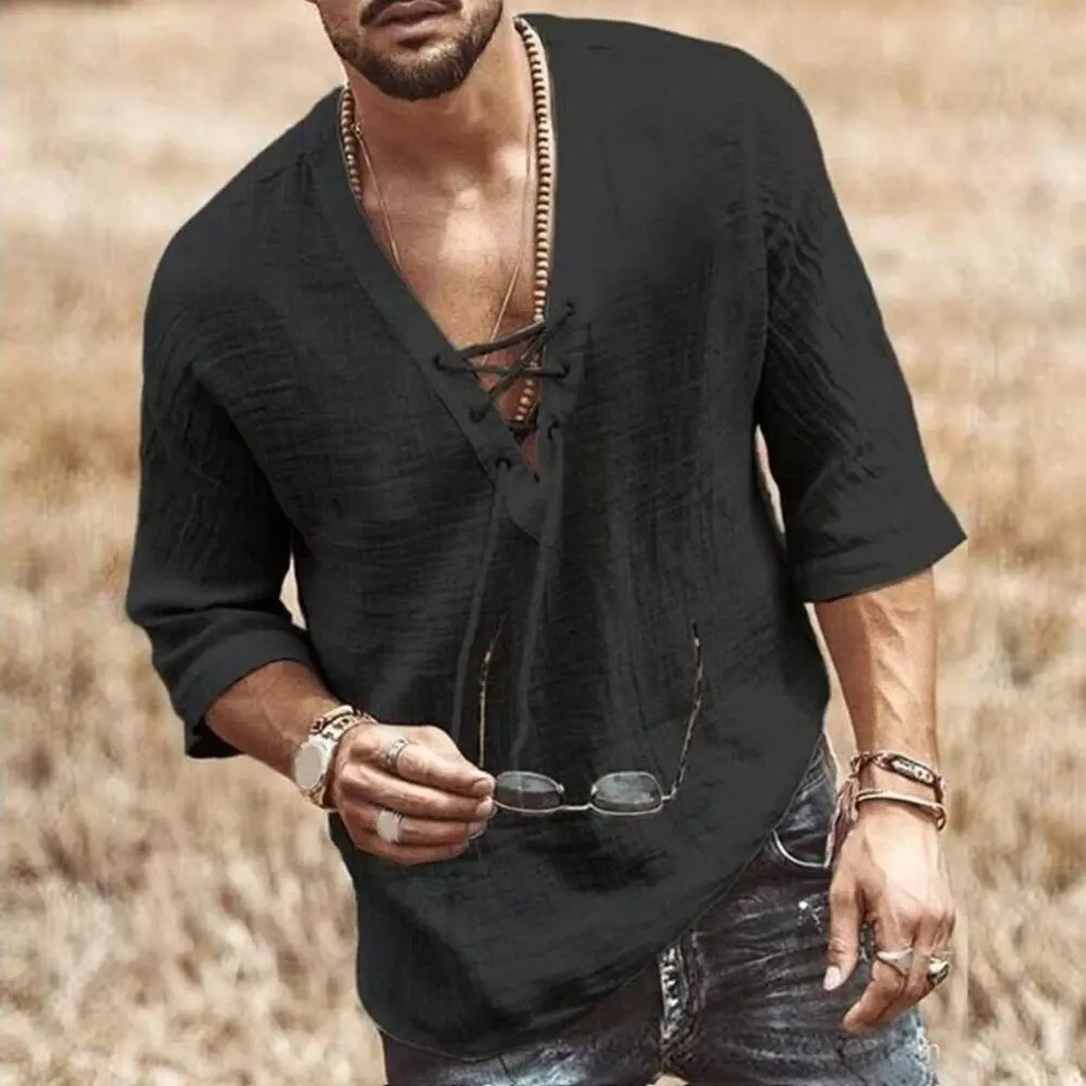 Men Half-sleeve Tee Stylish Lace-up V Neck Men's Shirt for Summer Daily Wear Loose Fit Retro Pullover with Quick Dry Technology