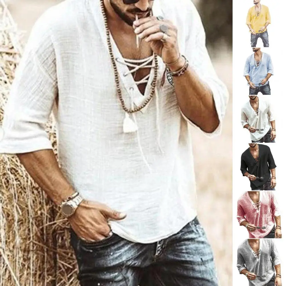 Men Half-sleeve Tee Stylish Lace-up V Neck Men's Shirt for Summer Daily Wear Loose Fit Retro Pullover with Quick Dry Technology