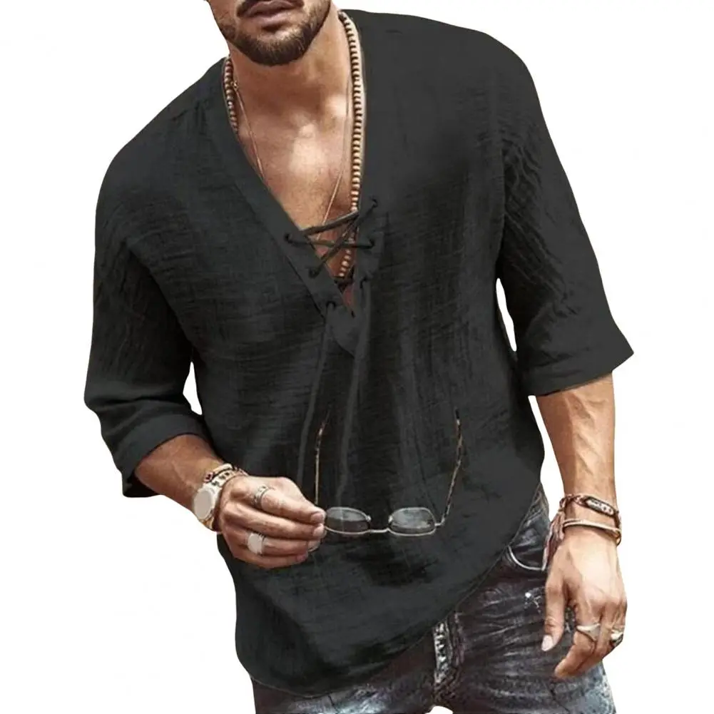 Men Half-sleeve Tee Stylish Lace-up V Neck Men's Shirt for Summer Daily Wear Loose Fit Retro Pullover with Quick Dry Technology