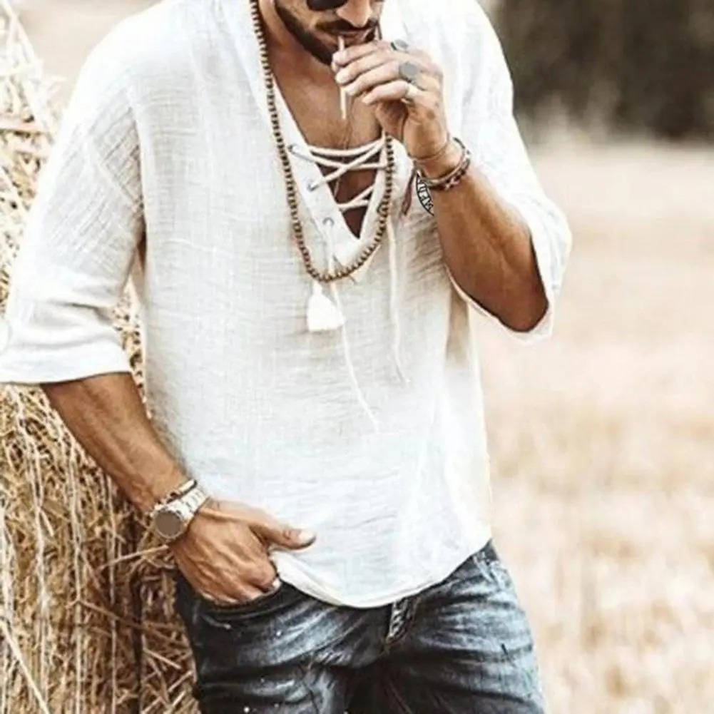 Men Half-sleeve Tee Stylish Lace-up V Neck Men's Shirt for Summer Daily Wear Loose Fit Retro Pullover with Quick Dry Technology