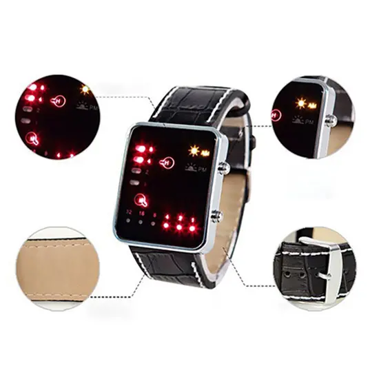 Men's Fashion Watch Sports Digital Binaries LED Display Faux Leather Strap Wrist Watch reloj hombre часы мужские наручные