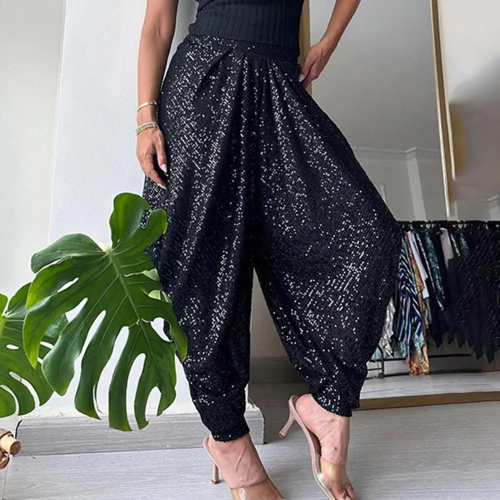 Glitter Harem Pants Womens Casual Hippy Loose Trousers Baggy Drop-crotch Solid Color Elastic Waist Fashion Mujer Pantalones New