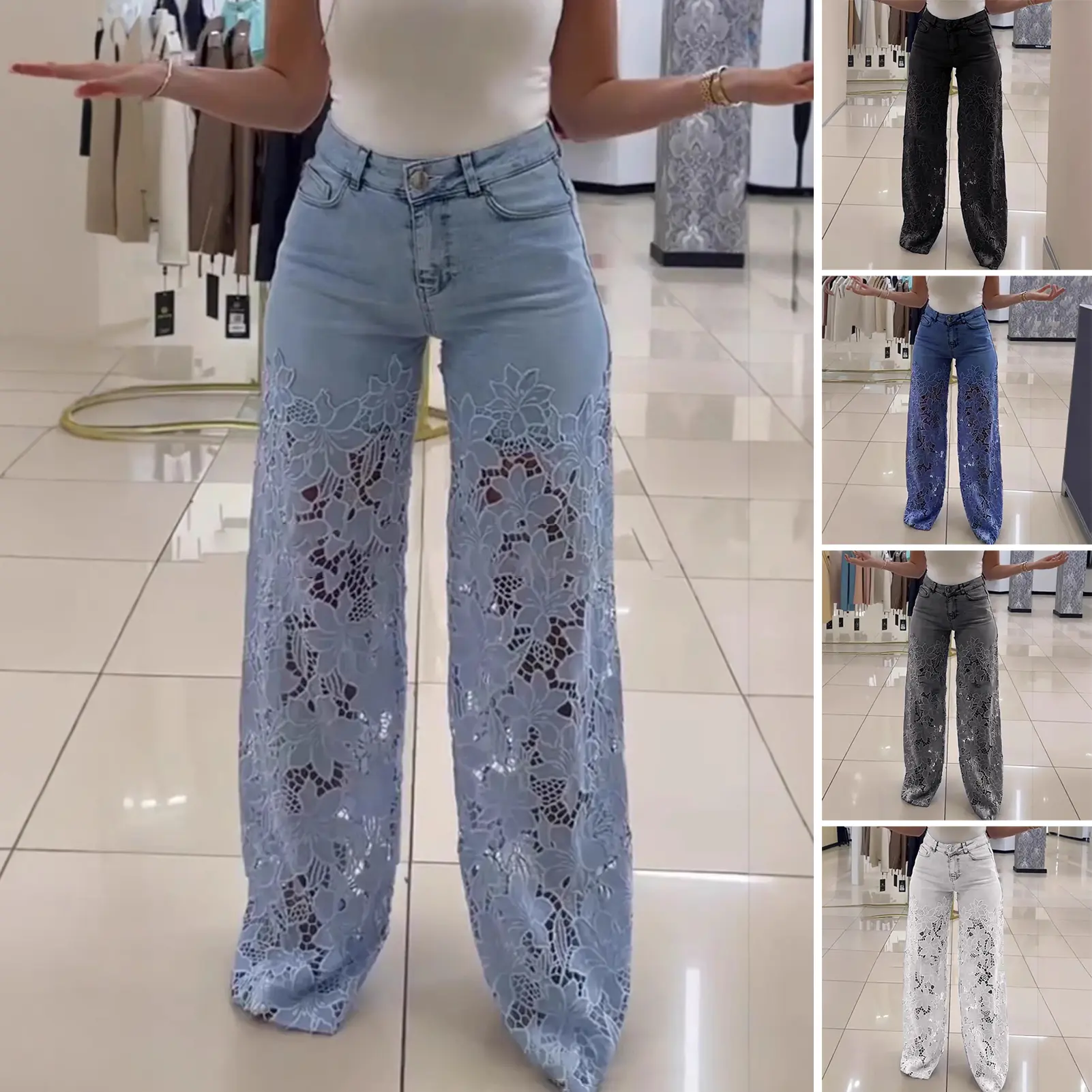 Y2k Hollow Out Flower Jean Women Pants Loose Zipper Pocket Button Straight Leg Trousers 2025 Summer Elagant Street Lady Outwear