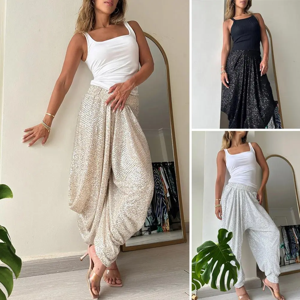 Glitter Harem Pants Womens Casual Hippy Loose Trousers Baggy Drop-crotch Solid Color Elastic Waist Fashion Mujer Pantalones New