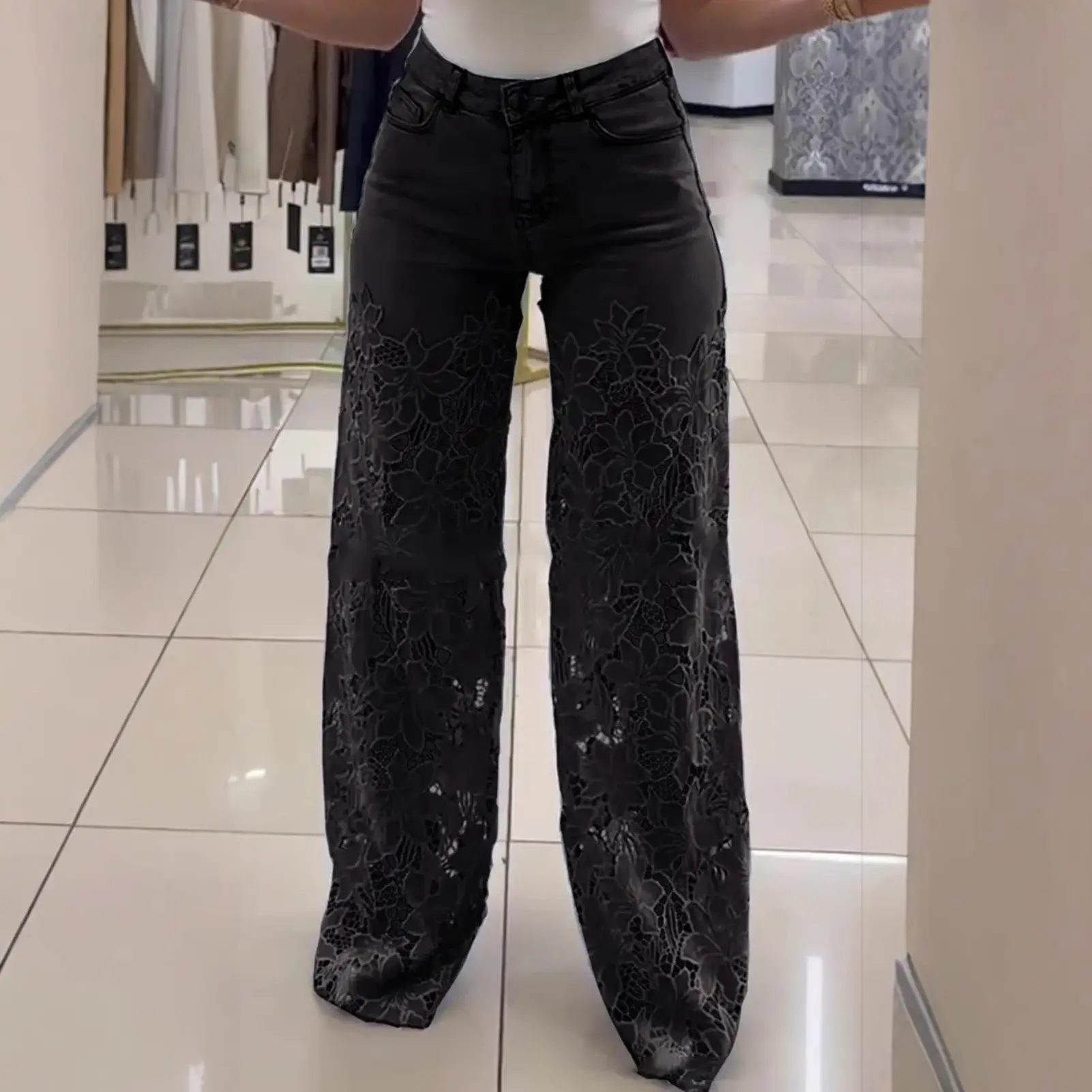 Y2k Hollow Out Flower Jean Women Pants Loose Zipper Pocket Button Straight Leg Trousers 2025 Summer Elagant Street Lady Outwear