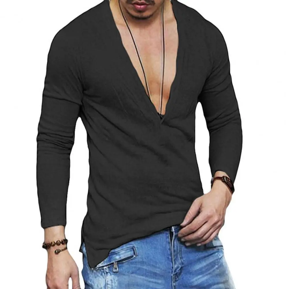 Autumn Men's Clothing Casual T Shirt Solid Color V Neck Long Sleeve Leisure Streetwear Popular Loose Tees 2xl