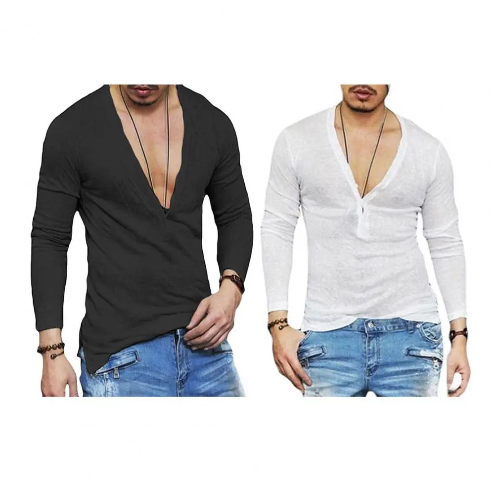 Autumn Men's Clothing Casual T Shirt Solid Color V Neck Long Sleeve Leisure Streetwear Popular Loose Tees 2xl