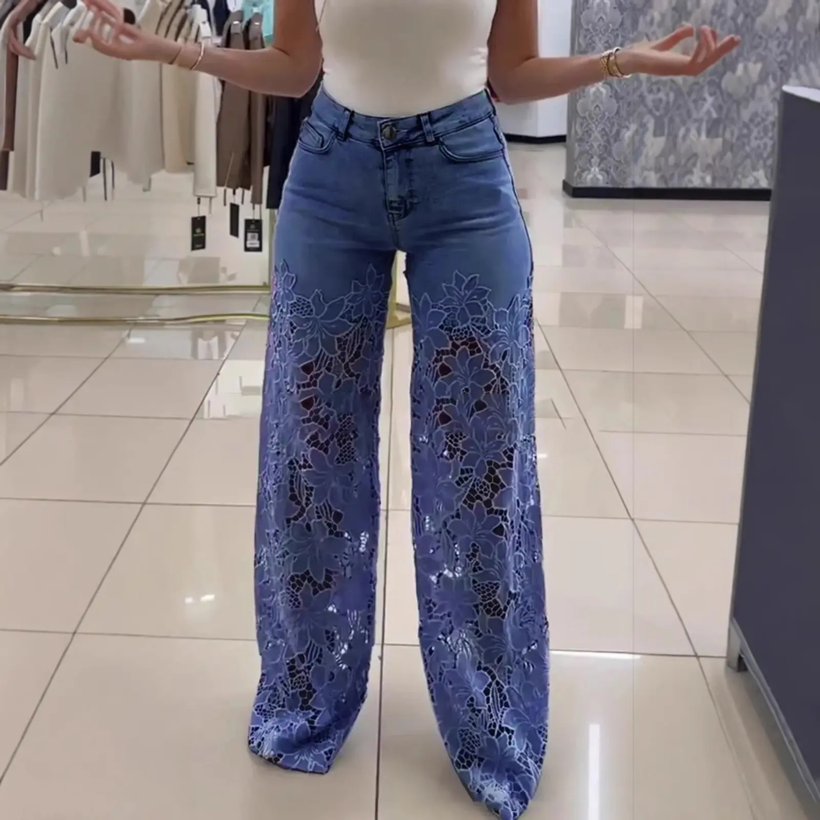 Y2k Hollow Out Flower Jean Women Pants Loose Zipper Pocket Button Straight Leg Trousers 2025 Summer Elagant Street Lady Outwear