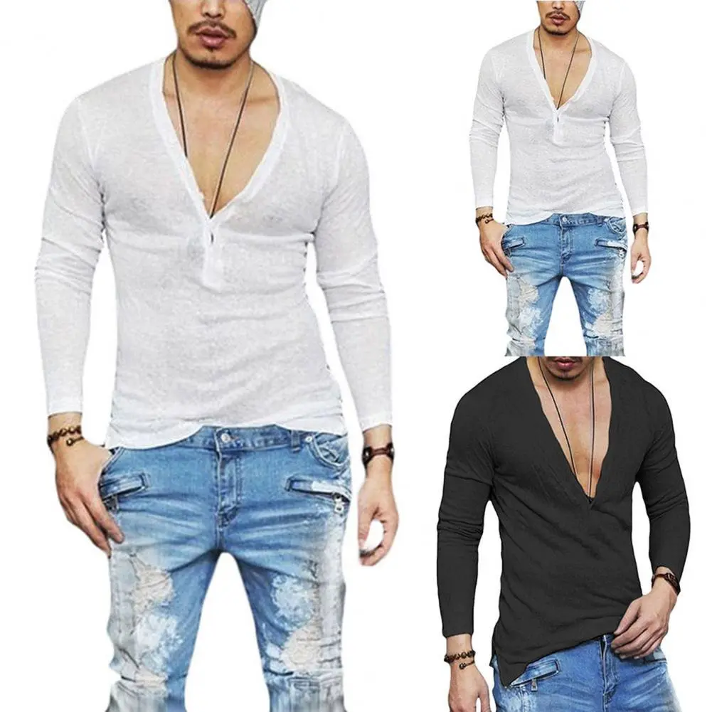 Autumn Men's Clothing Casual T Shirt Solid Color V Neck Long Sleeve Leisure Streetwear Popular Loose Tees 2xl