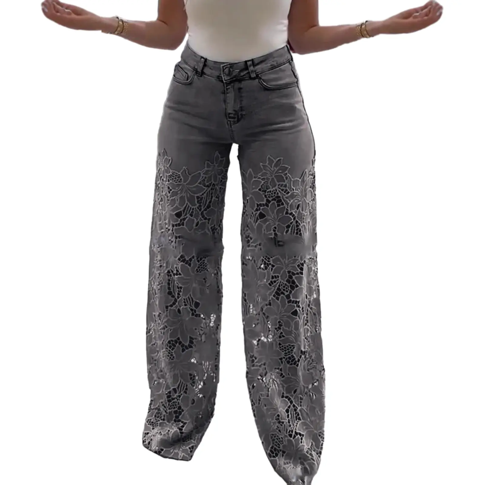 Y2k Hollow Out Flower Jean Women Pants Loose Zipper Pocket Button Straight Leg Trousers 2025 Summer Elagant Street Lady Outwear