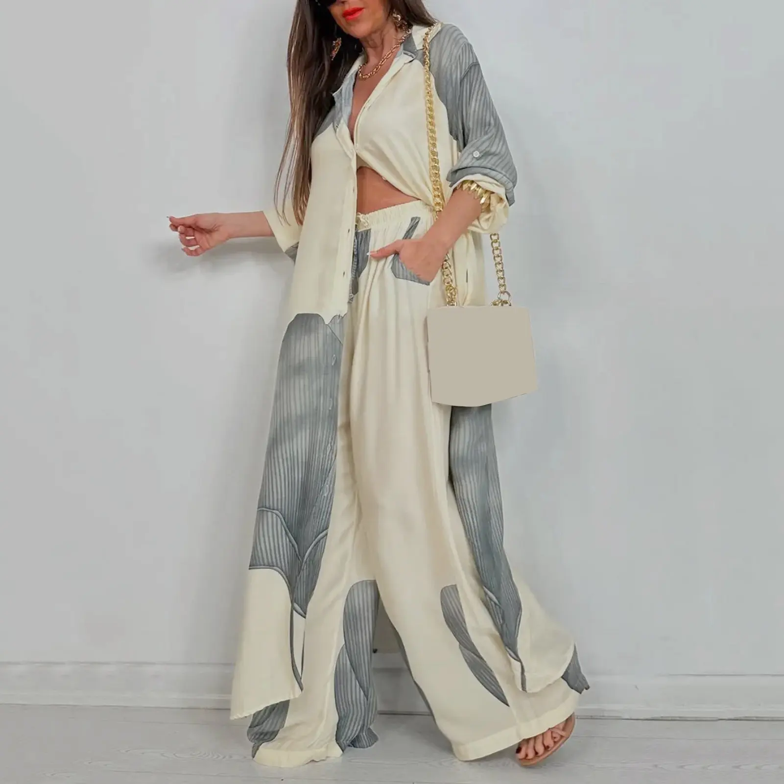 Elegant Women Outfit Breathable Flower Pattern Blouse Trousers Long Sleeves Soft Blouse Pants Spring Clothes
