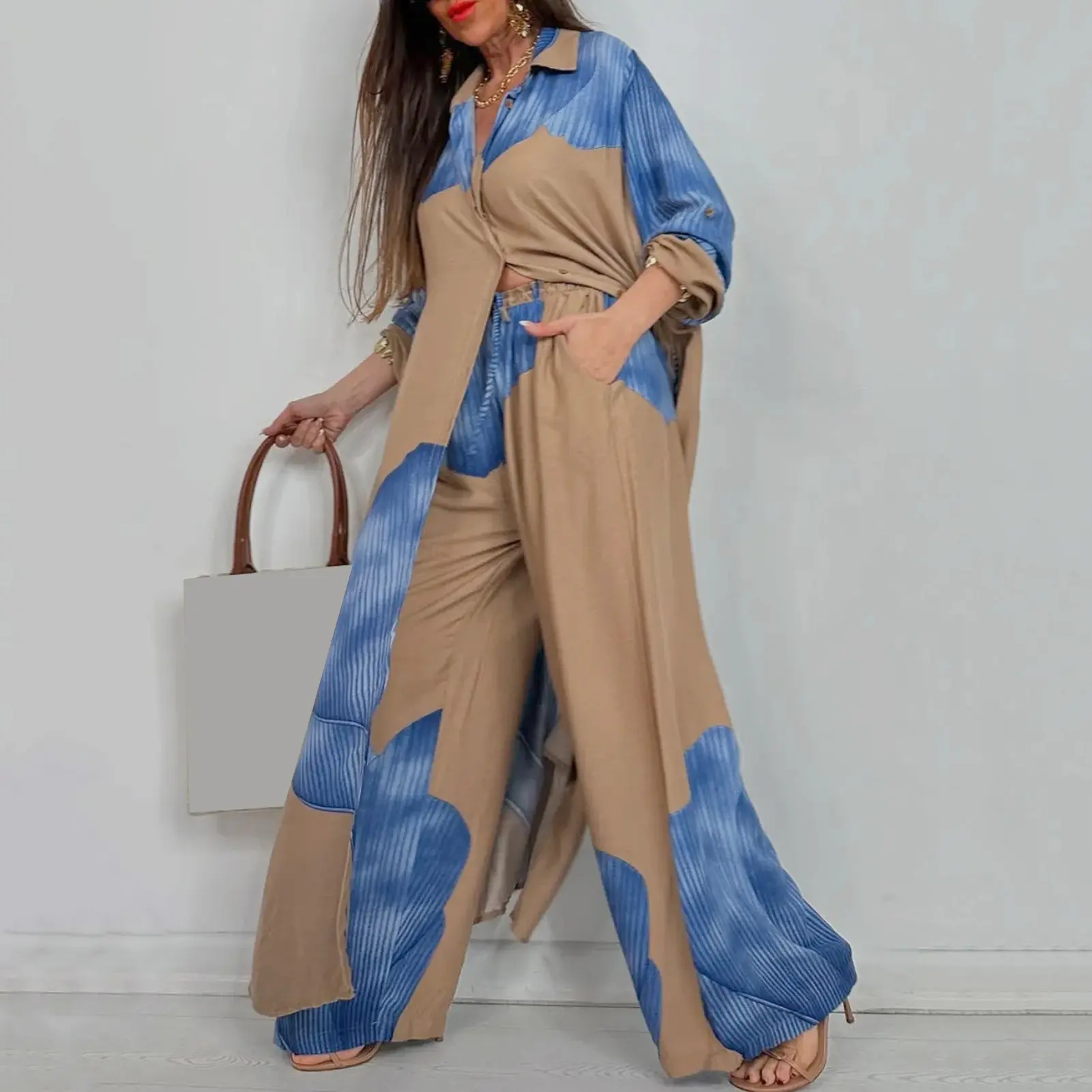 Elegant Women Outfit Breathable Flower Pattern Blouse Trousers Long Sleeves Soft Blouse Pants Spring Clothes