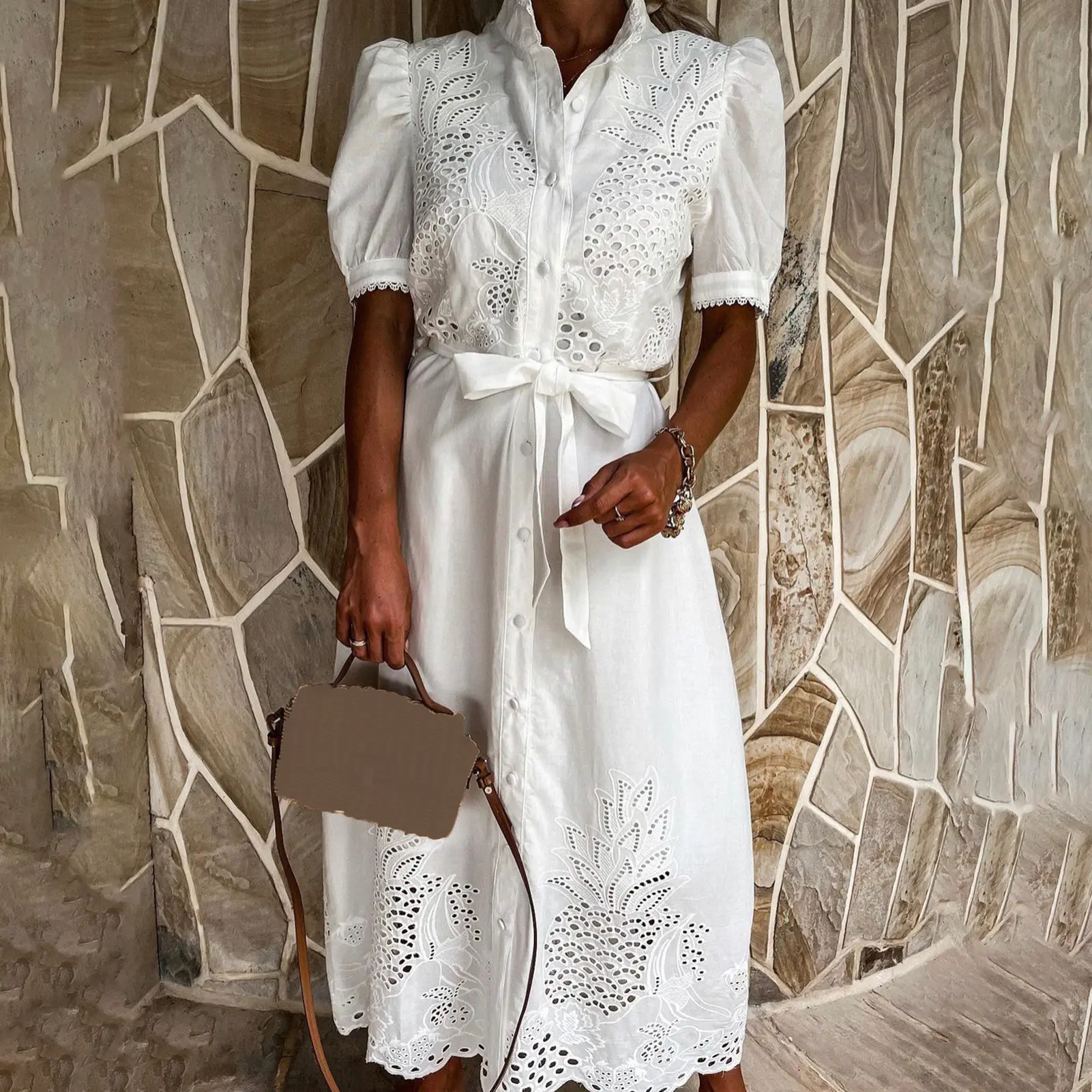 2023 New Style Dress Female White Hollow Embroidery Long Dresses Elegant Semi-turtleneck Short Sleeves Spring Summer Clothing