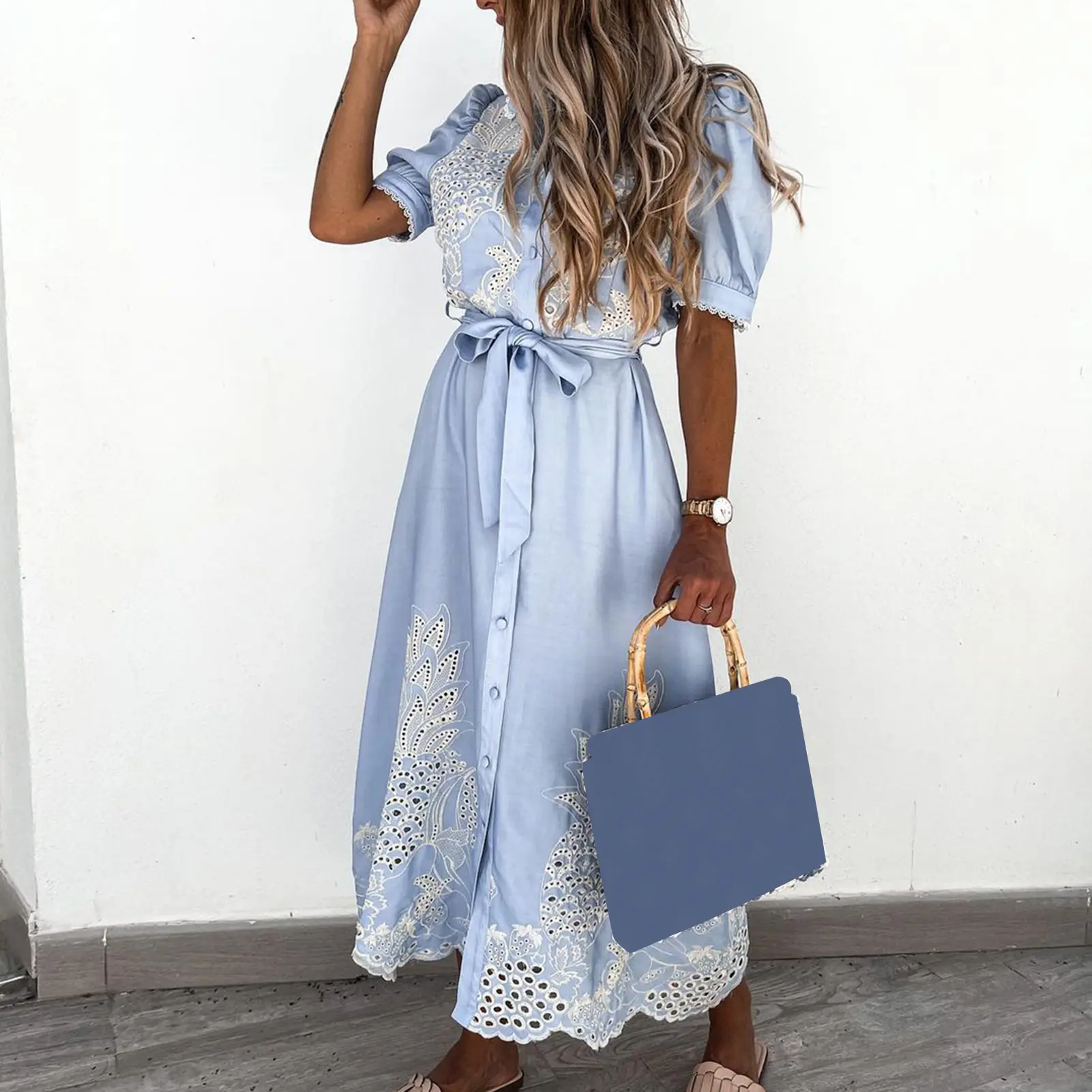 2023 New Style Dress Female White Hollow Embroidery Long Dresses Elegant Semi-turtleneck Short Sleeves Spring Summer Clothing