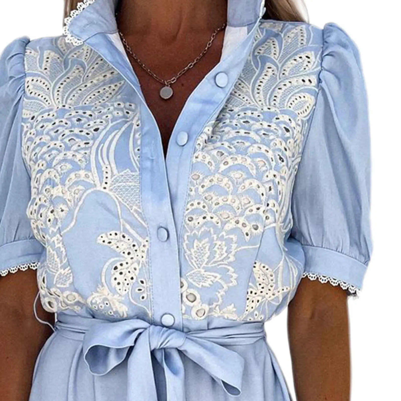2023 New Style Dress Female White Hollow Embroidery Long Dresses Elegant Semi-turtleneck Short Sleeves Spring Summer Clothing
