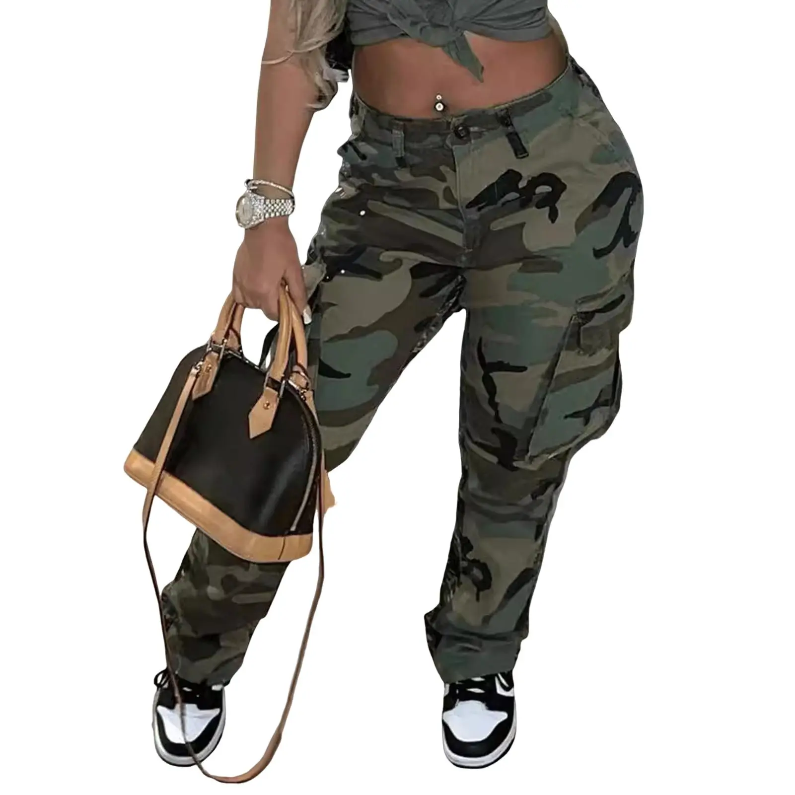 Vintage Streetwear Cargo Pants Fashion Women Camo Print Oversized Pocket High Waist Baggy Pant Casual Hip Hop Straight Trouser