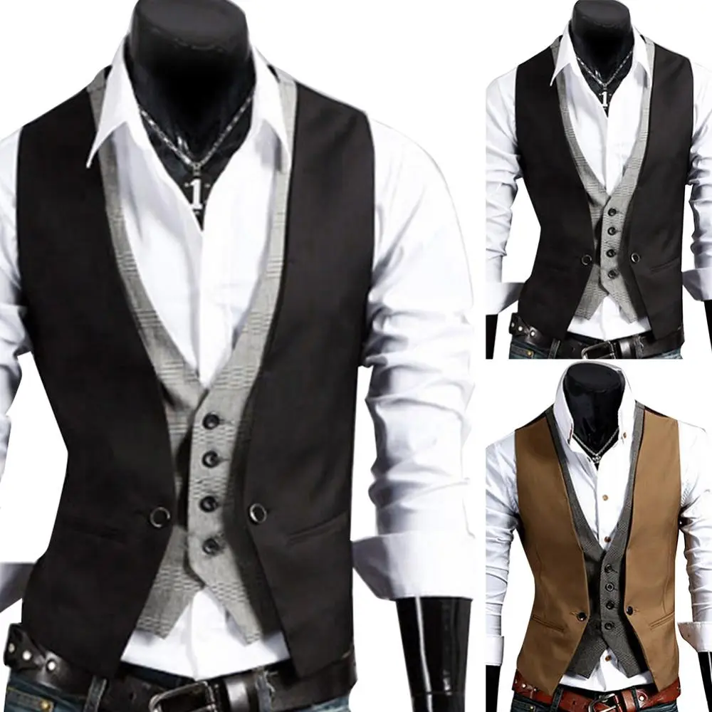 Men Formal Waistcoat Vest Business Solid Color Single Button Vest gilet Fake Two-pieces V Neck Casual Slim chalecos para hombre