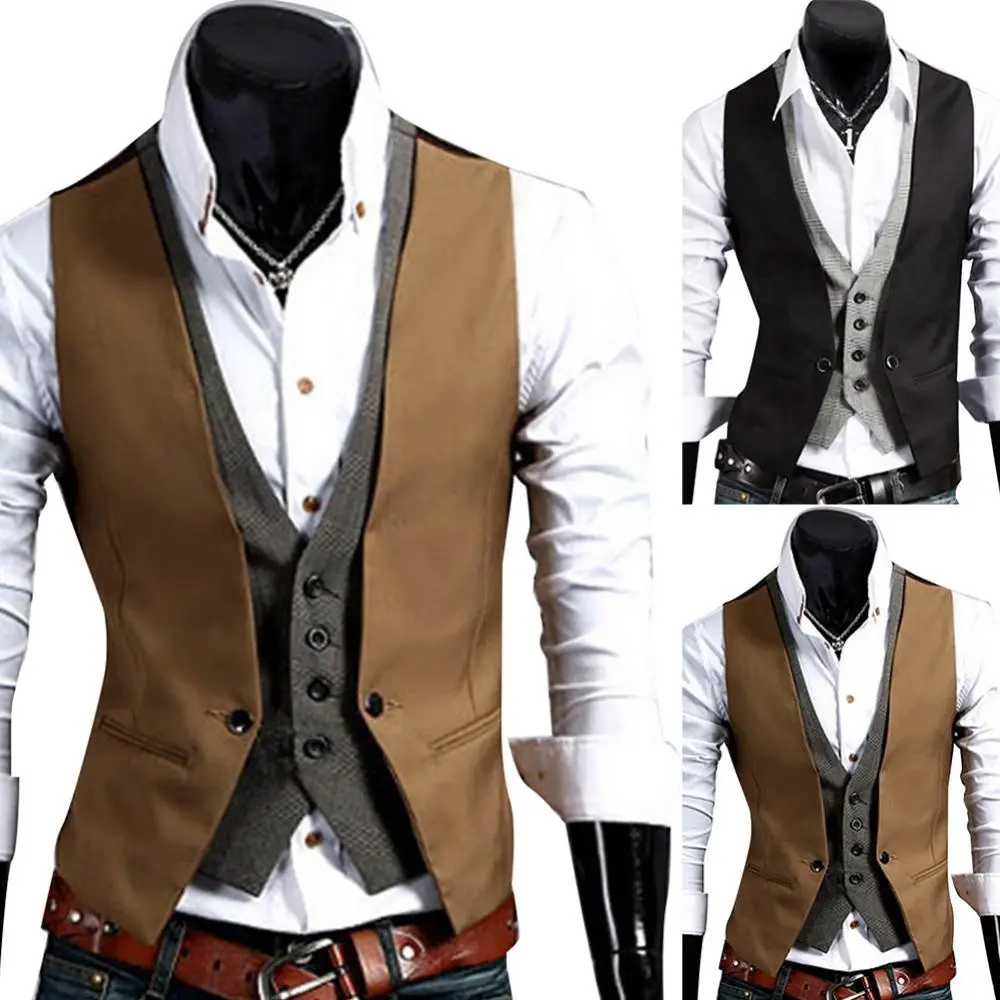 Men Formal Waistcoat Vest Business Solid Color Single Button Vest gilet Fake Two-pieces V Neck Casual Slim chalecos para hombre