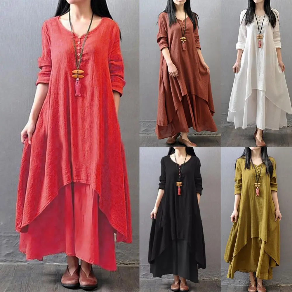 Winter Summer Long Dress Women Long Sleeve Loose V-neck Elegant Dresses Party 2023 New Vintage Chinese Style Dress