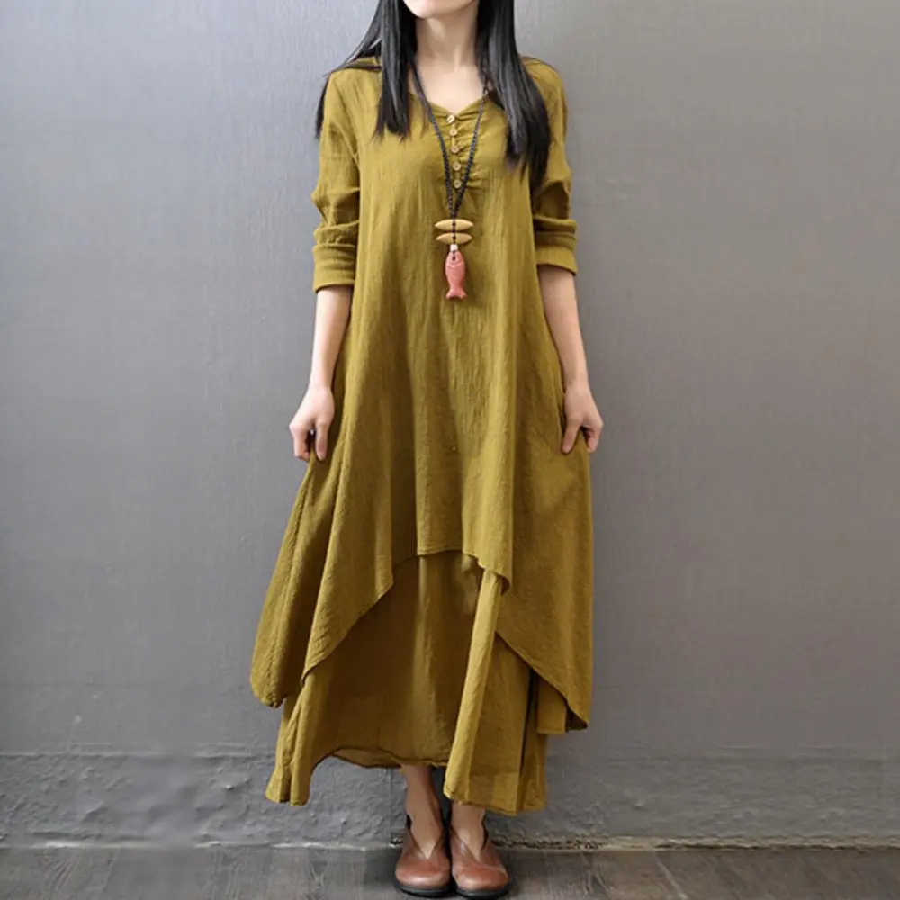 Winter Summer Long Dress Women Long Sleeve Loose V-neck Elegant Dresses Party 2023 New Vintage Chinese Style Dress
