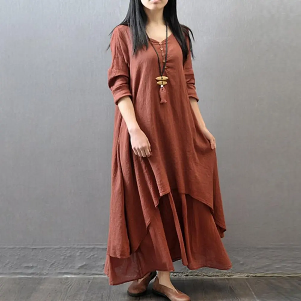 Winter Summer Long Dress Women Long Sleeve Loose V-neck Elegant Dresses Party 2023 New Vintage Chinese Style Dress