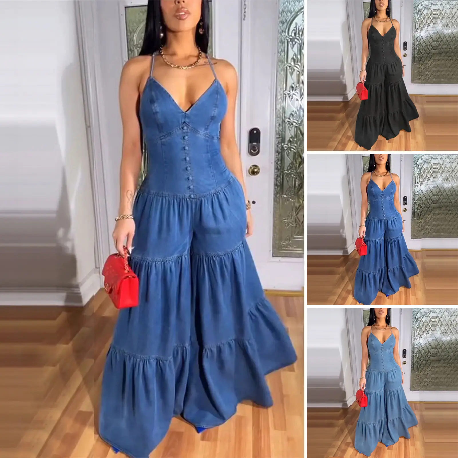 Elegant Jumpsuits for Women 2025 Spring New Plain Elegant Office Lady Loose Ruched Cold Shoulder Hem Wide Leg Jumpsuit Dungarees