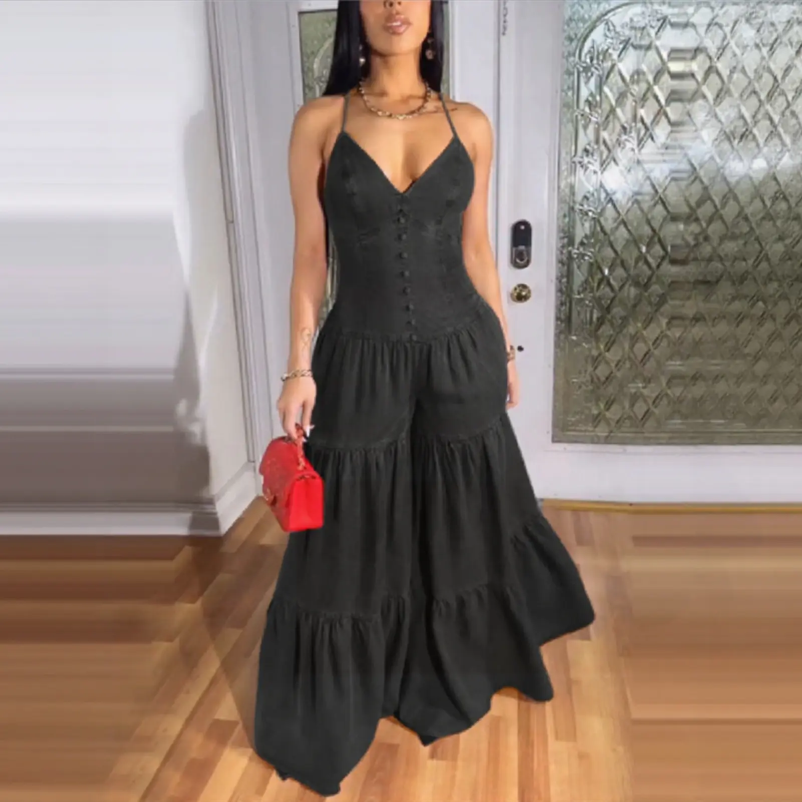 Elegant Jumpsuits for Women 2025 Spring New Plain Elegant Office Lady Loose Ruched Cold Shoulder Hem Wide Leg Jumpsuit Dungarees