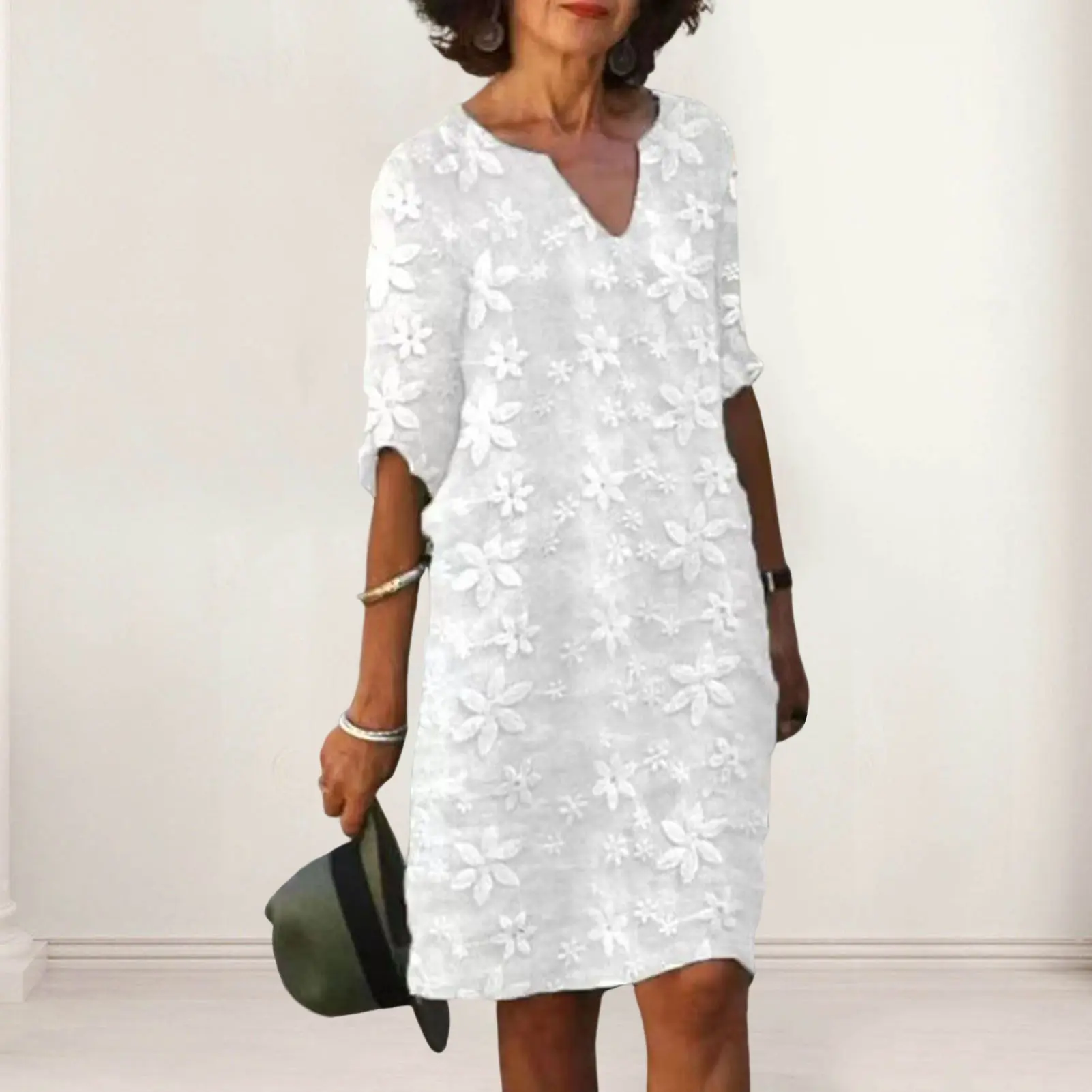 Women Sexy Dress White Hollow Lace Dress Short Sleeve Loose Midi Dresses 2025 Summer Casual Women's Casual Dress Vestidos Robe
