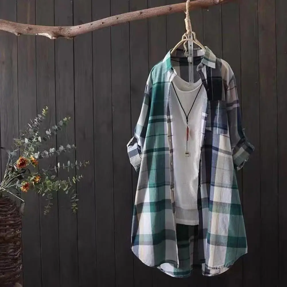 Summer Fashion Women's Loose Casual Plaid Printed Turn-down Collar Blouse Long Sleeve Shirt Jacket Cardigan Cover-Up Top Outwear